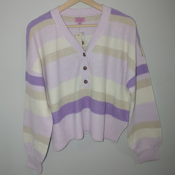Striped V-Neck Sweater - Purple and Cream - Picture 1 of 1